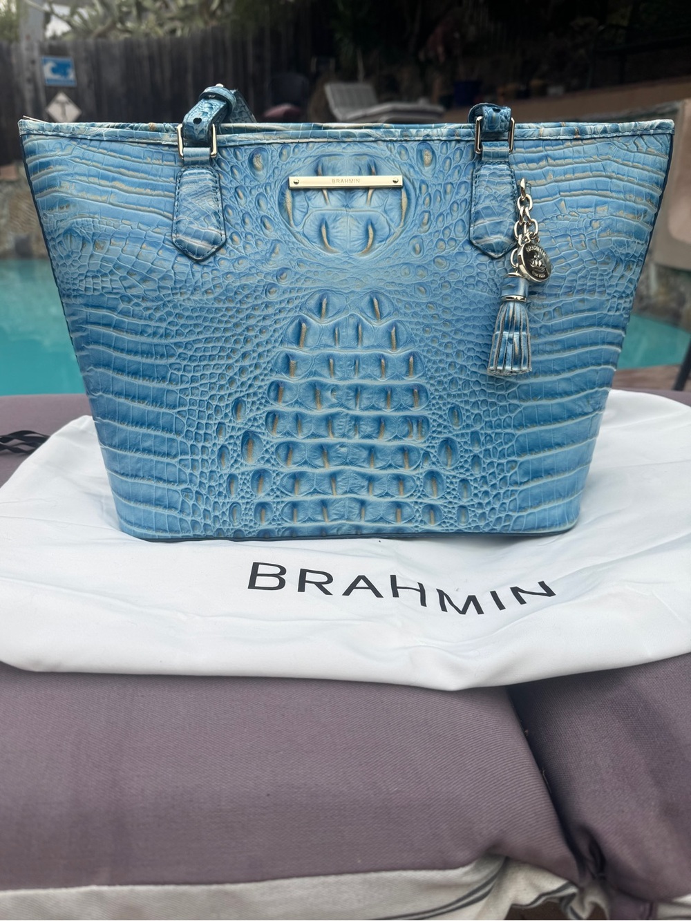 Brahmin Medium Asher Blue Croc Embossed Leather Tote Bag + Dust Bag